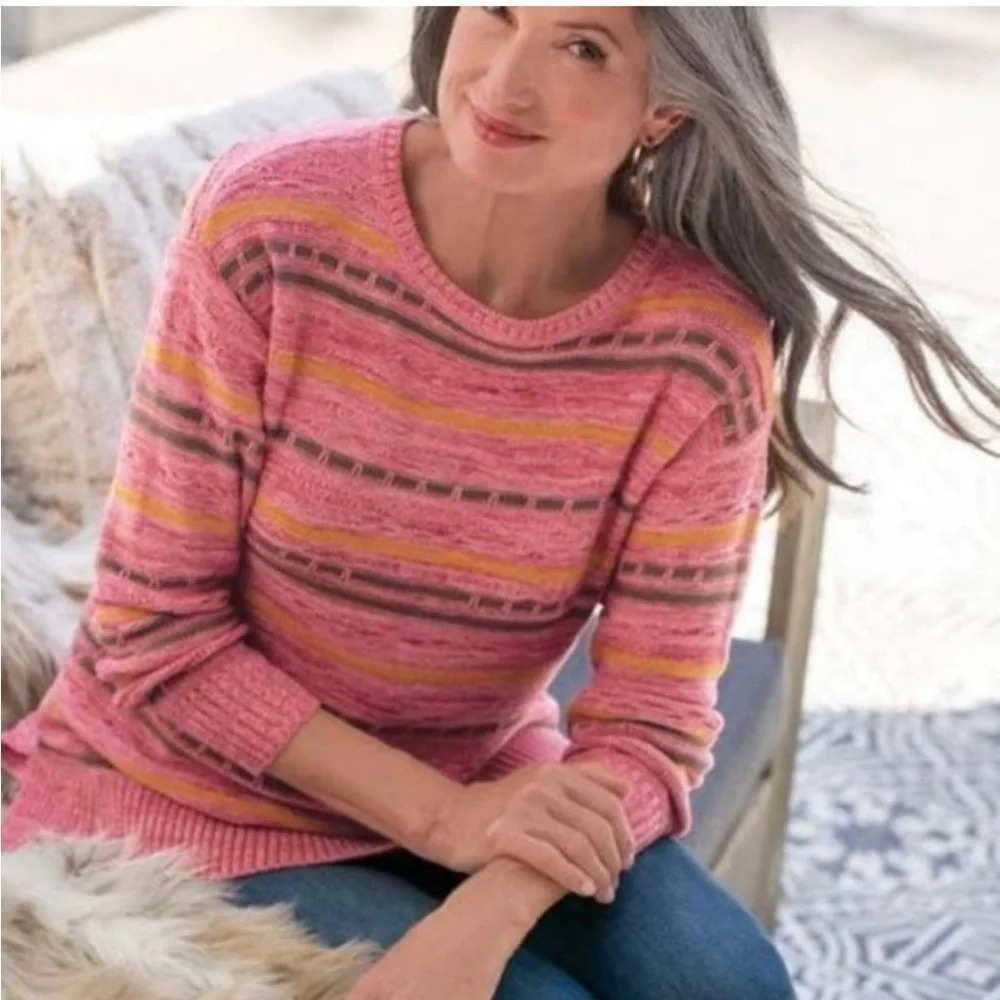 Soft Surroundings Lisabetta Art Stripe Dusty‎ Cedar Pink Sweater PS